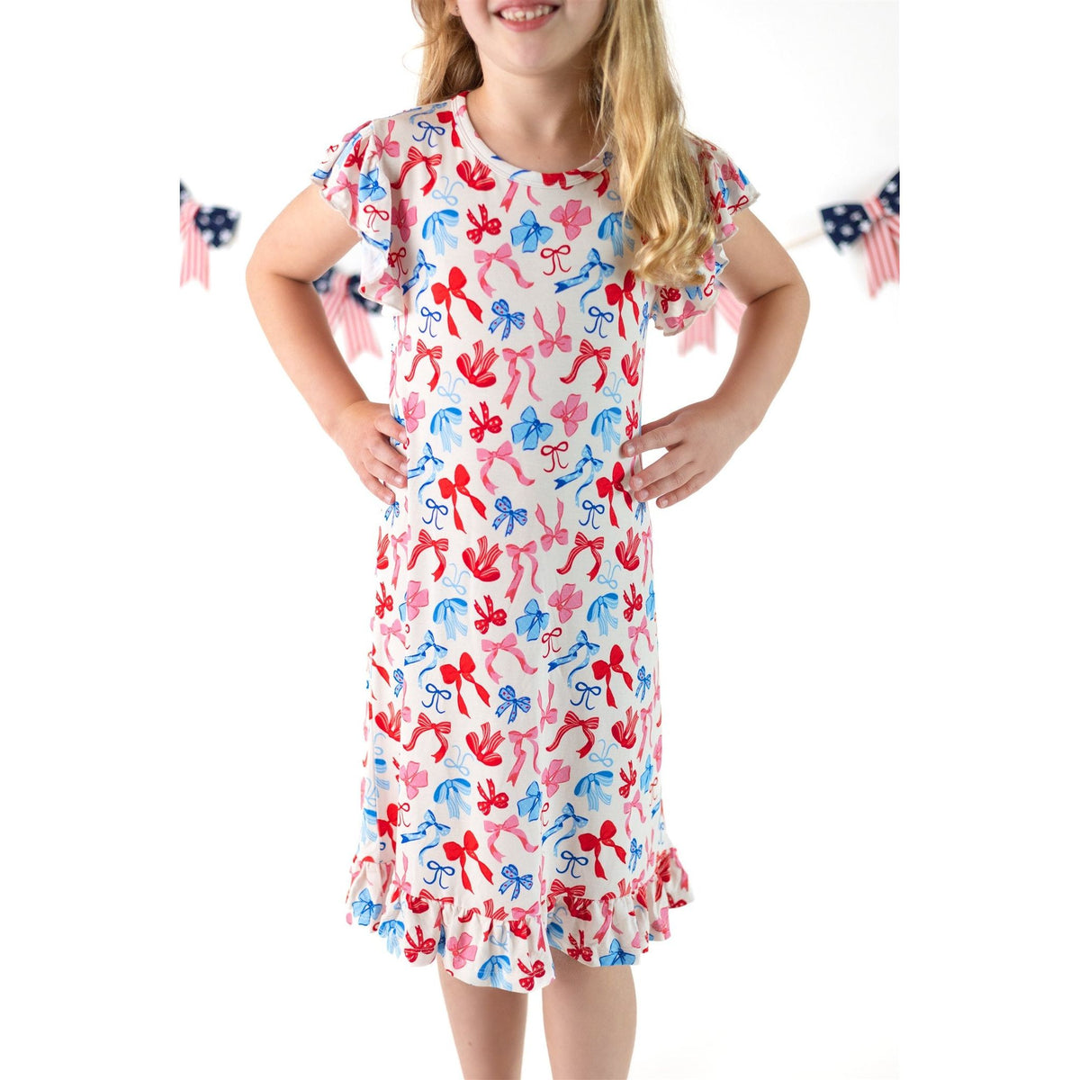 Red, White, &amp; Blue Nightgown | Patriotic Bows Girls Bamboo Nightgown