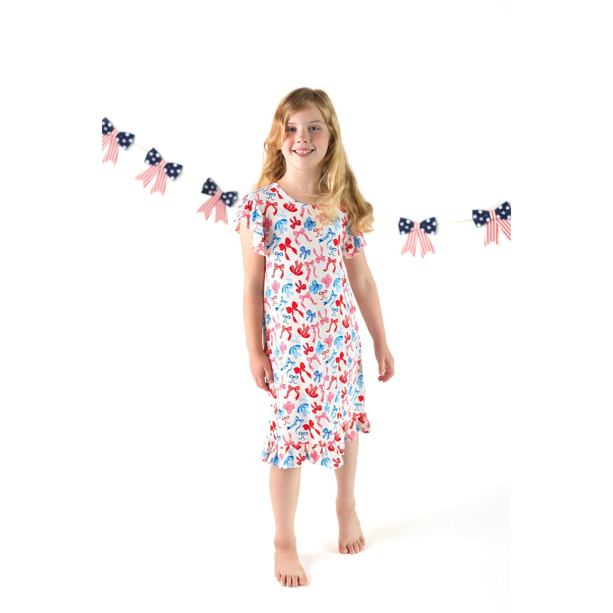 Red, White, & Blue Nightgown | Patriotic Bows Girls Bamboo Nightgown