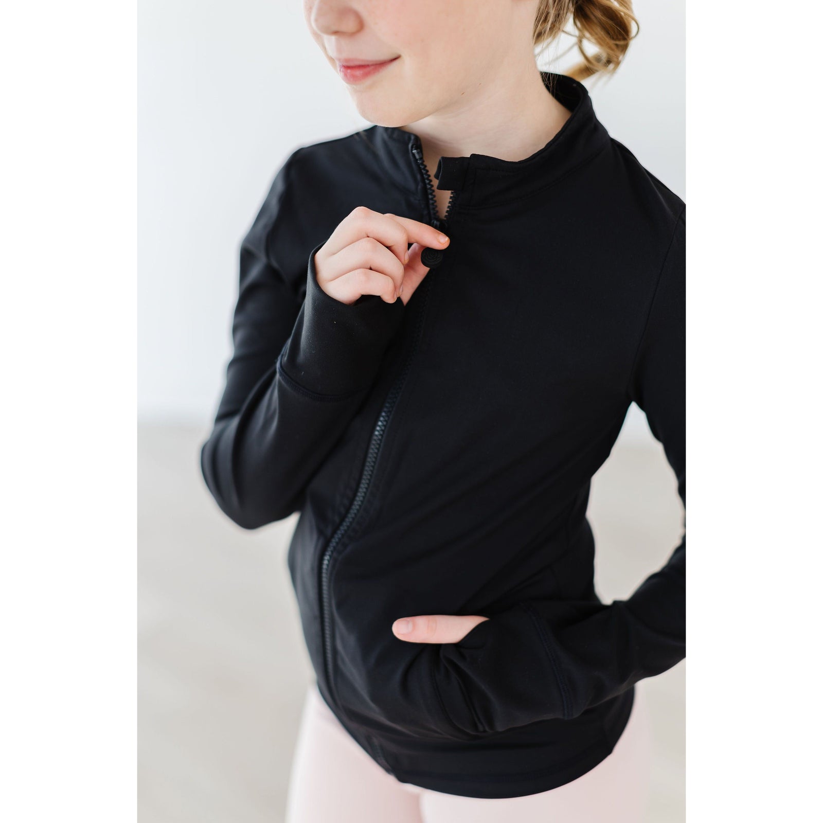 Balanced Black Full-Zip Ruffle Active Jacket
