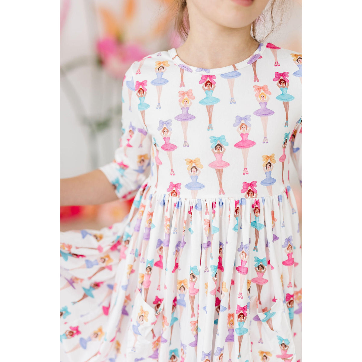 Ballerina Bows 3/4 Sleeve Pocket Twirl Dress