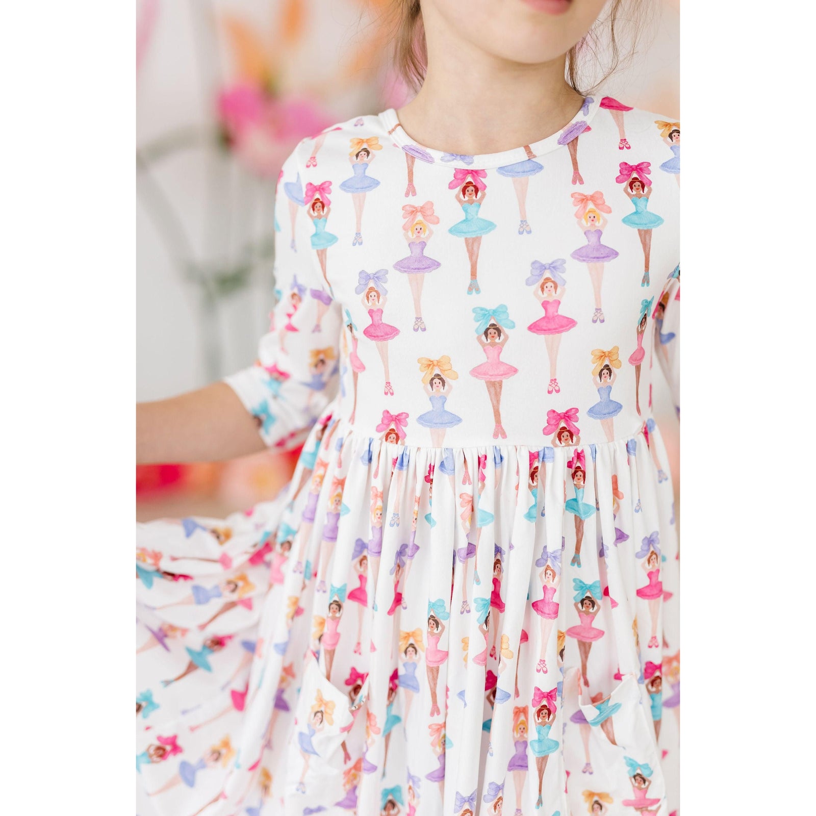 Ballerina Bows 3/4 Sleeve Pocket Twirl Dress