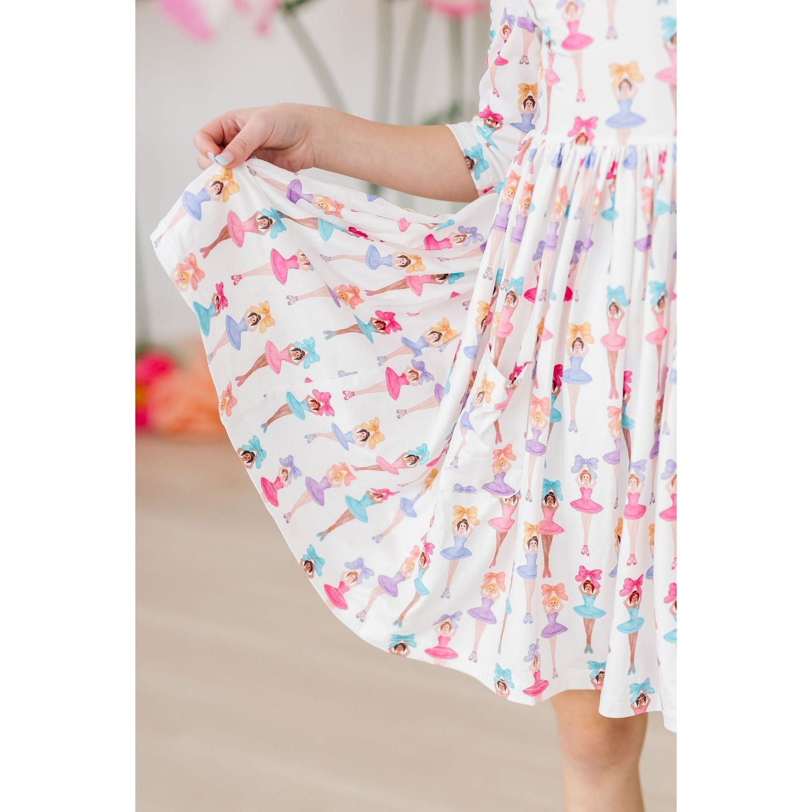 Ballerina Bows 3/4 Sleeve Pocket Twirl Dress
