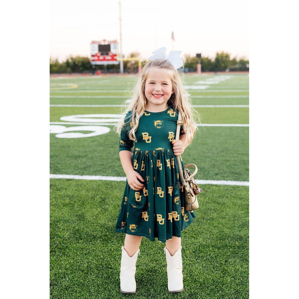 Baylor Green Bear 3/4 Sleeve Pocket Twirl Dress
