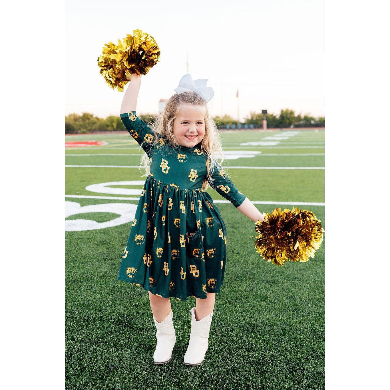 Baylor Green Bear 3/4 Sleeve Pocket Twirl Dress