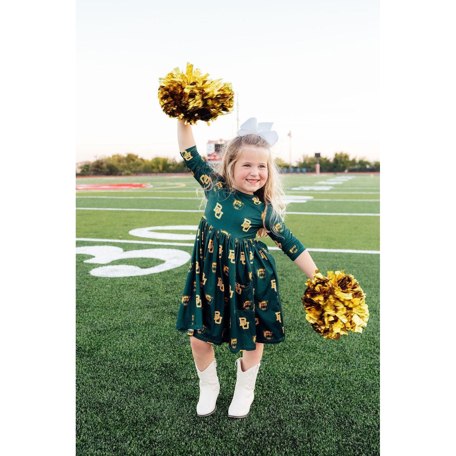 Baylor Green Bear 3/4 Sleeve Pocket Twirl Dress