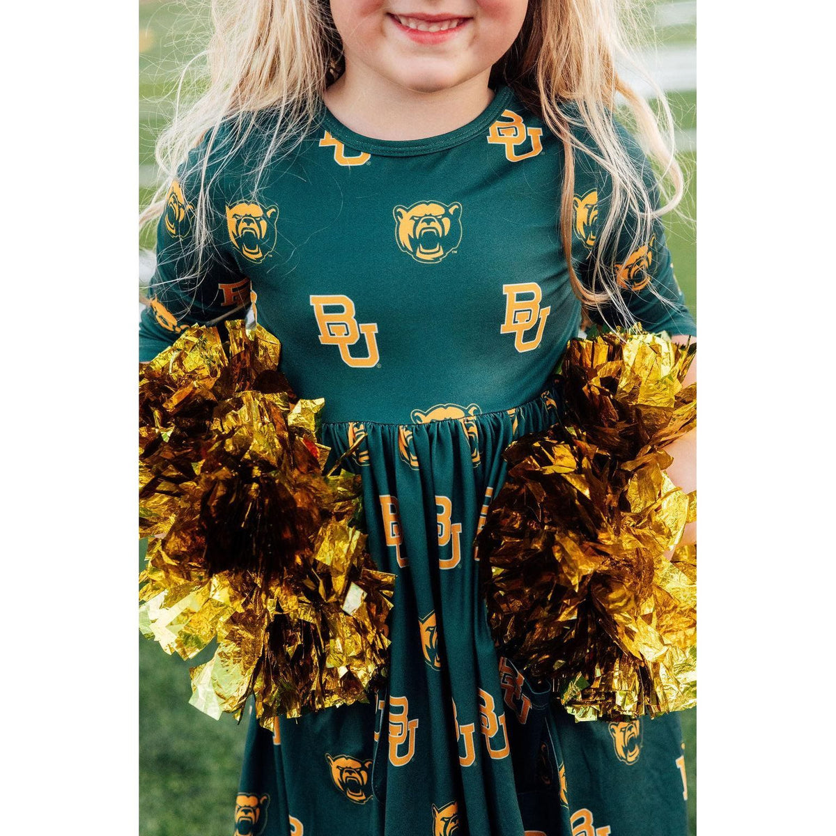 Baylor Green Bear 3/4 Sleeve Pocket Twirl Dress