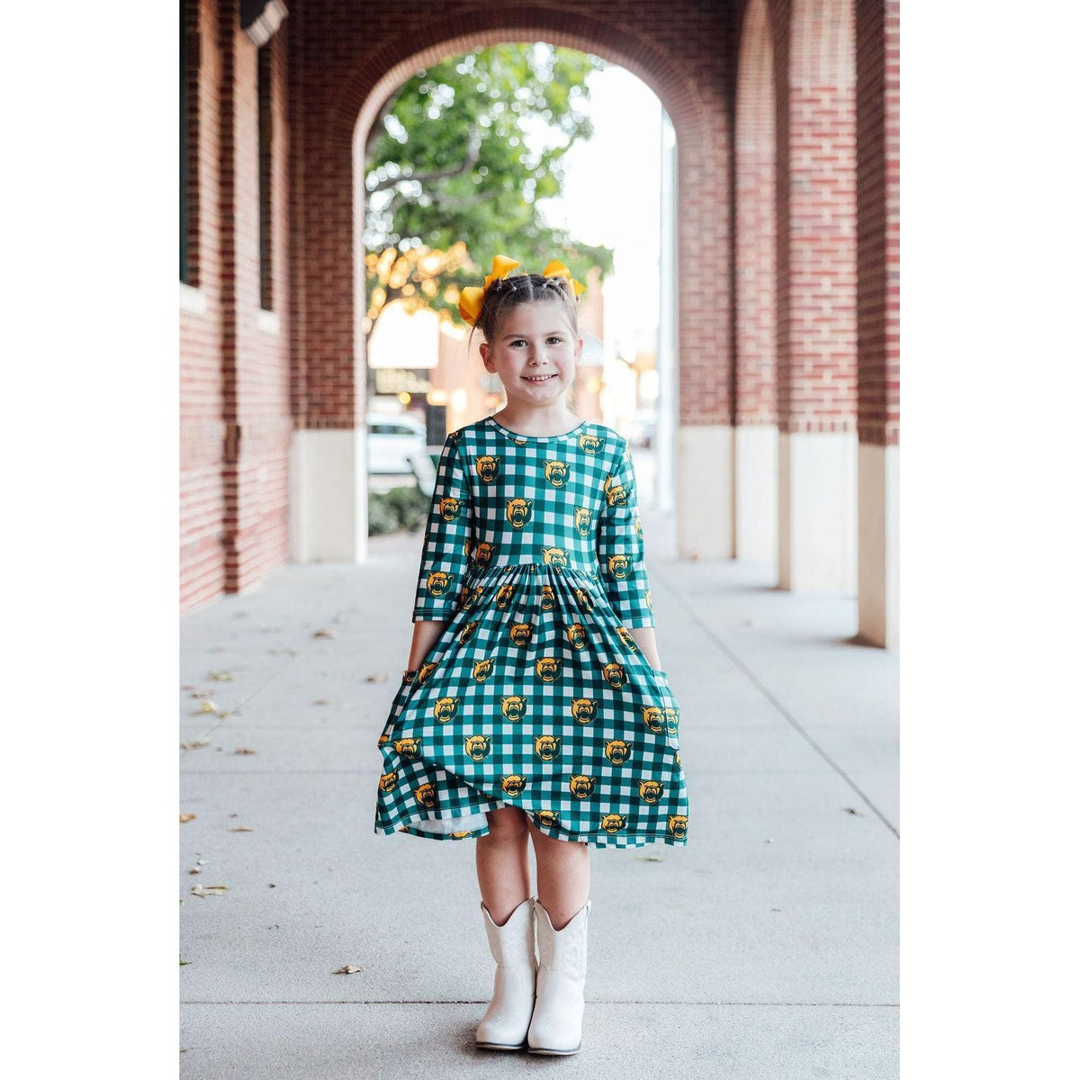 Baylor Plaid Bear 3/4 Sleeve Pocket Twirl Dress