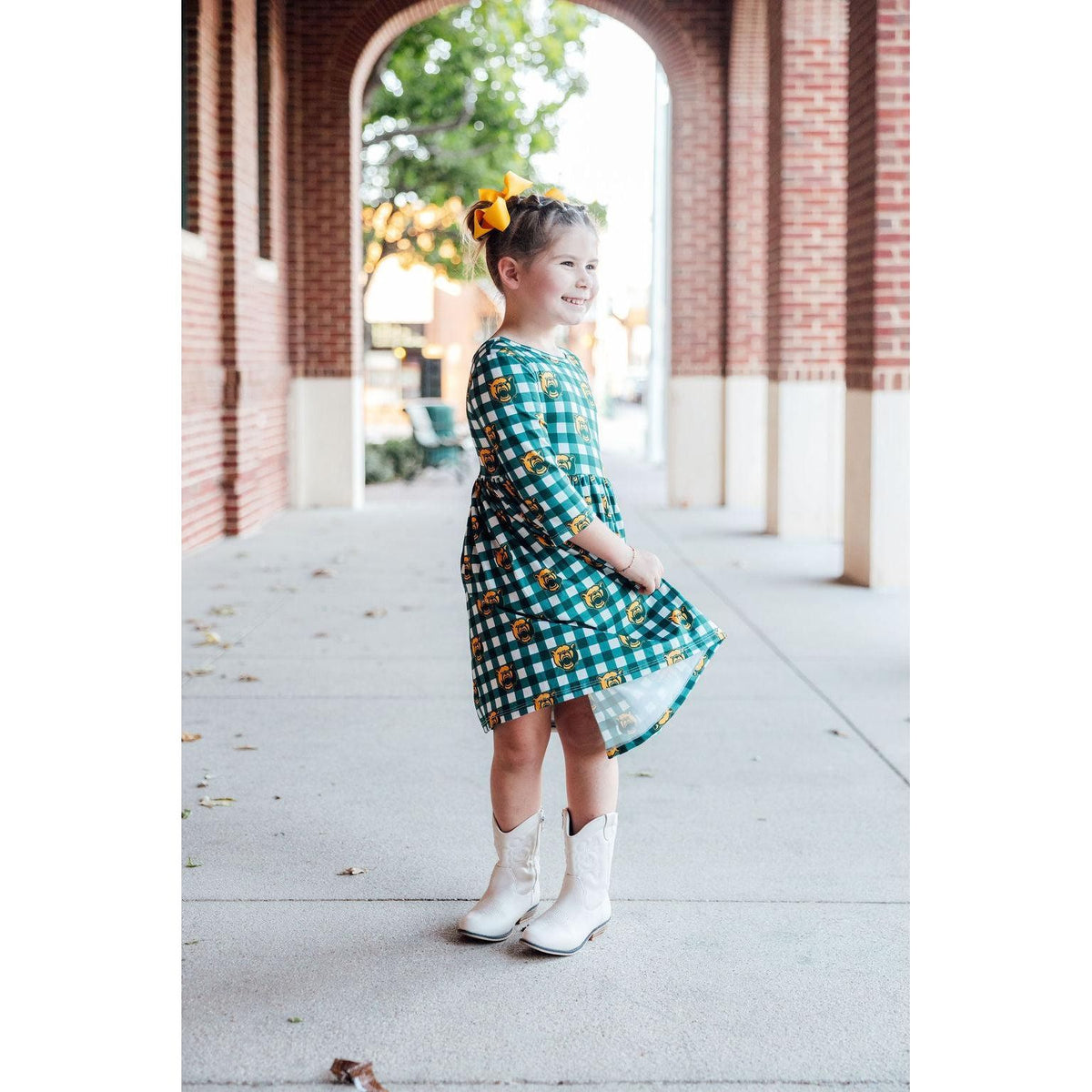Baylor Plaid Bear 3/4 Sleeve Pocket Twirl Dress