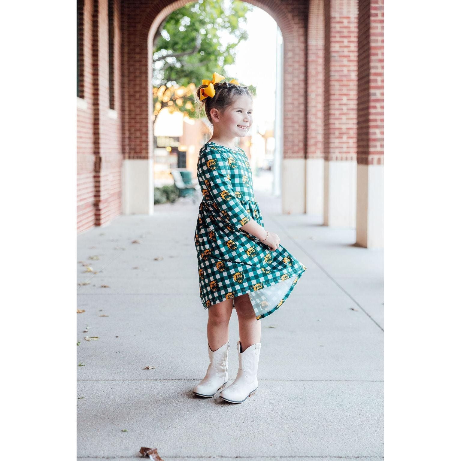 Baylor Plaid Bear 3/4 Sleeve Pocket Twirl Dress