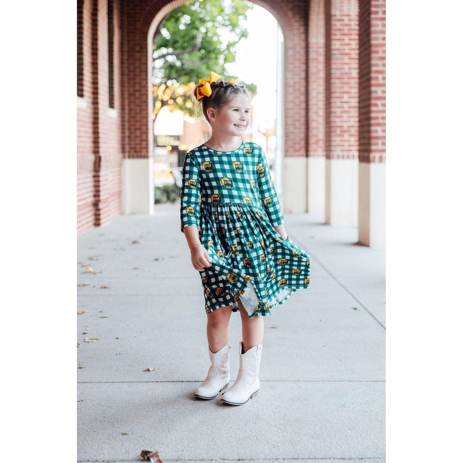 Baylor Plaid Bear 3/4 Sleeve Pocket Twirl Dress