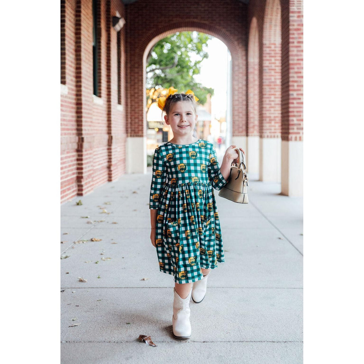 Baylor Plaid Bear 3/4 Sleeve Pocket Twirl Dress