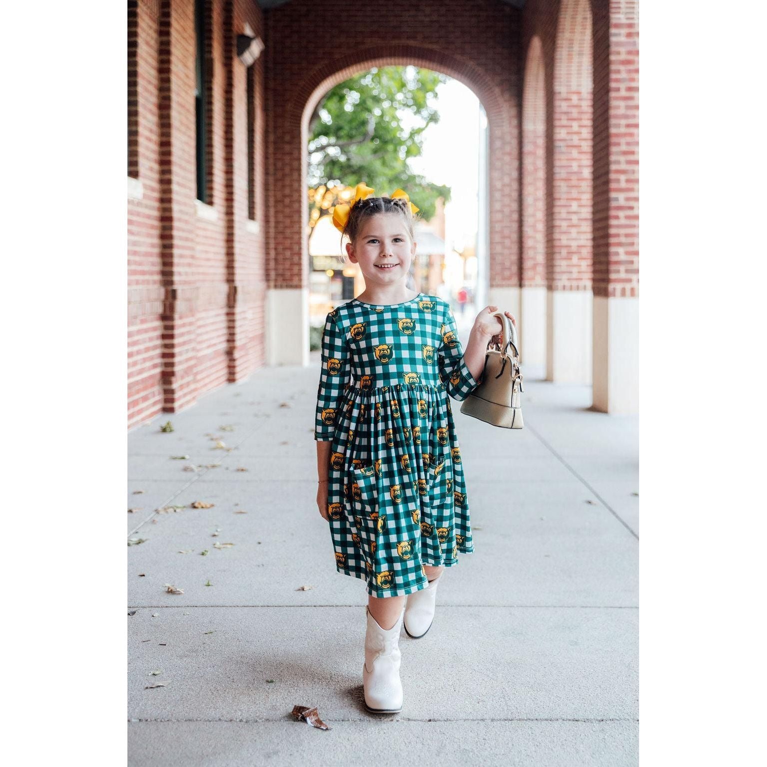 Baylor Plaid Bear 3/4 Sleeve Pocket Twirl Dress