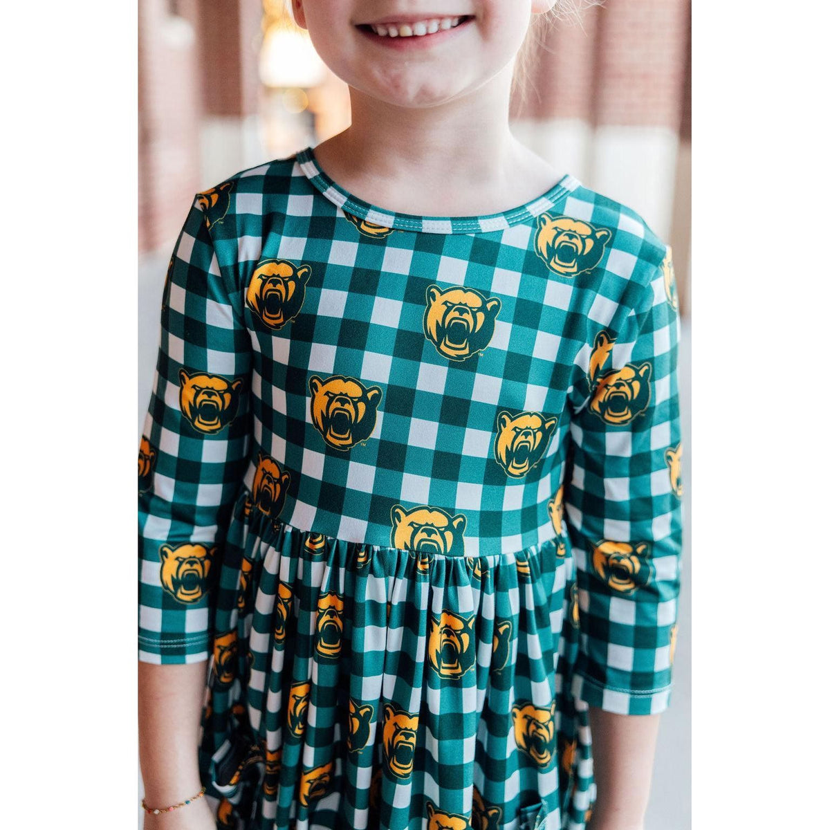 Baylor Plaid Bear 3/4 Sleeve Pocket Twirl Dress