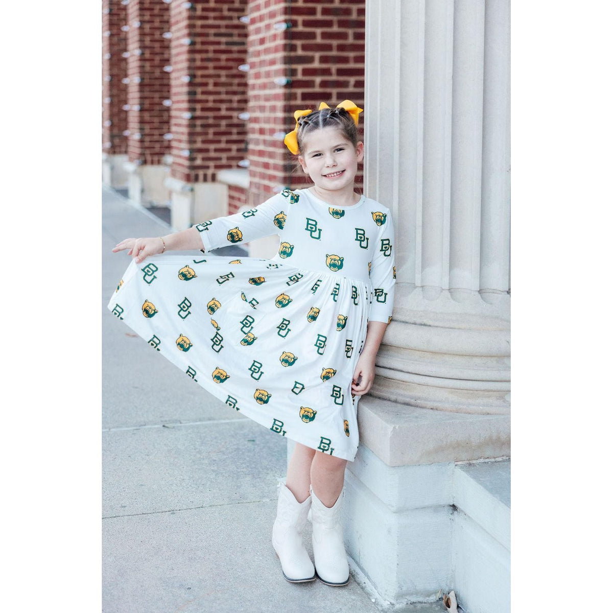 Baylor White Bear 3/4 Sleeve Pocket Twirl Dress