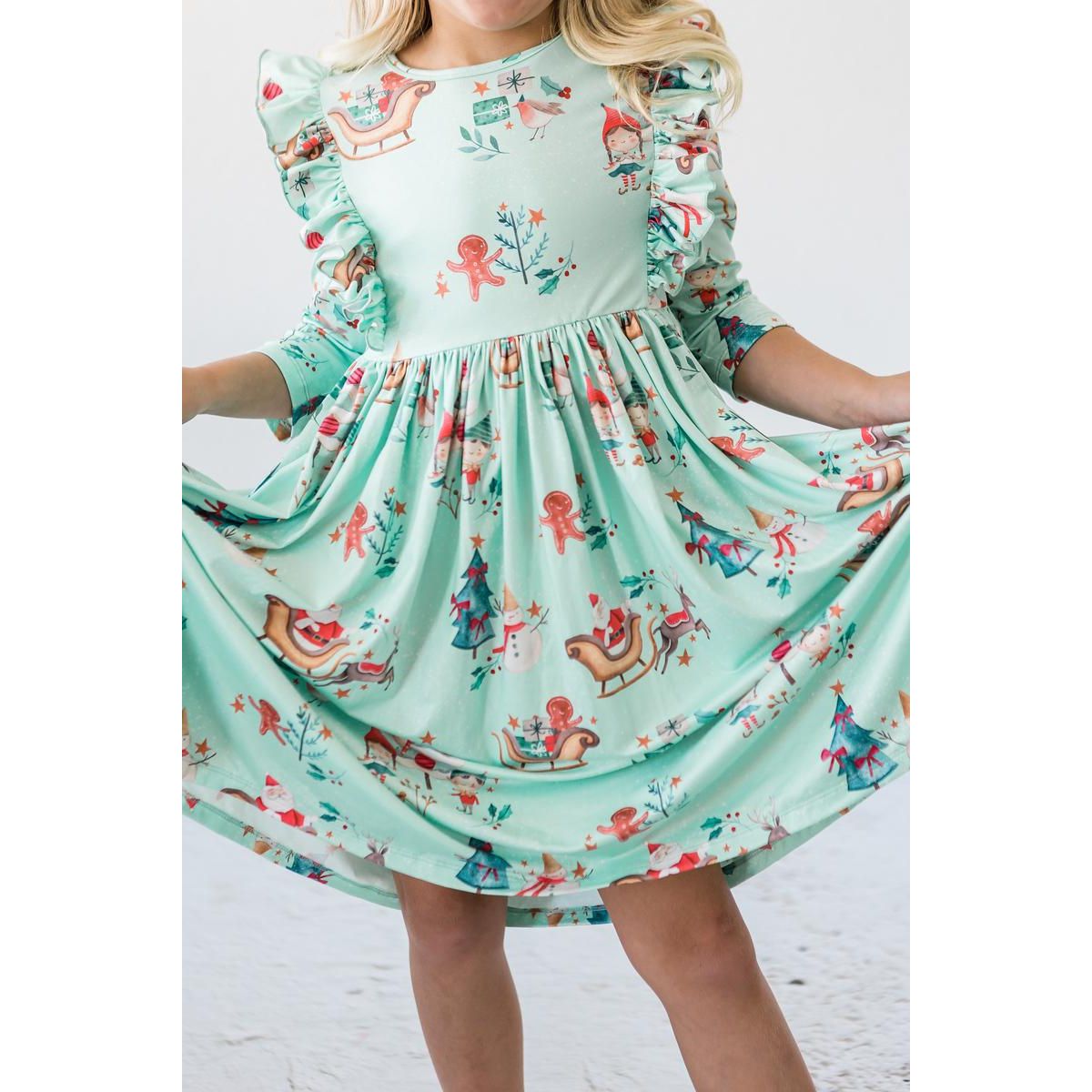 Believe in Your Elf 3/4 Sleeve Ruffle Twirl Dress