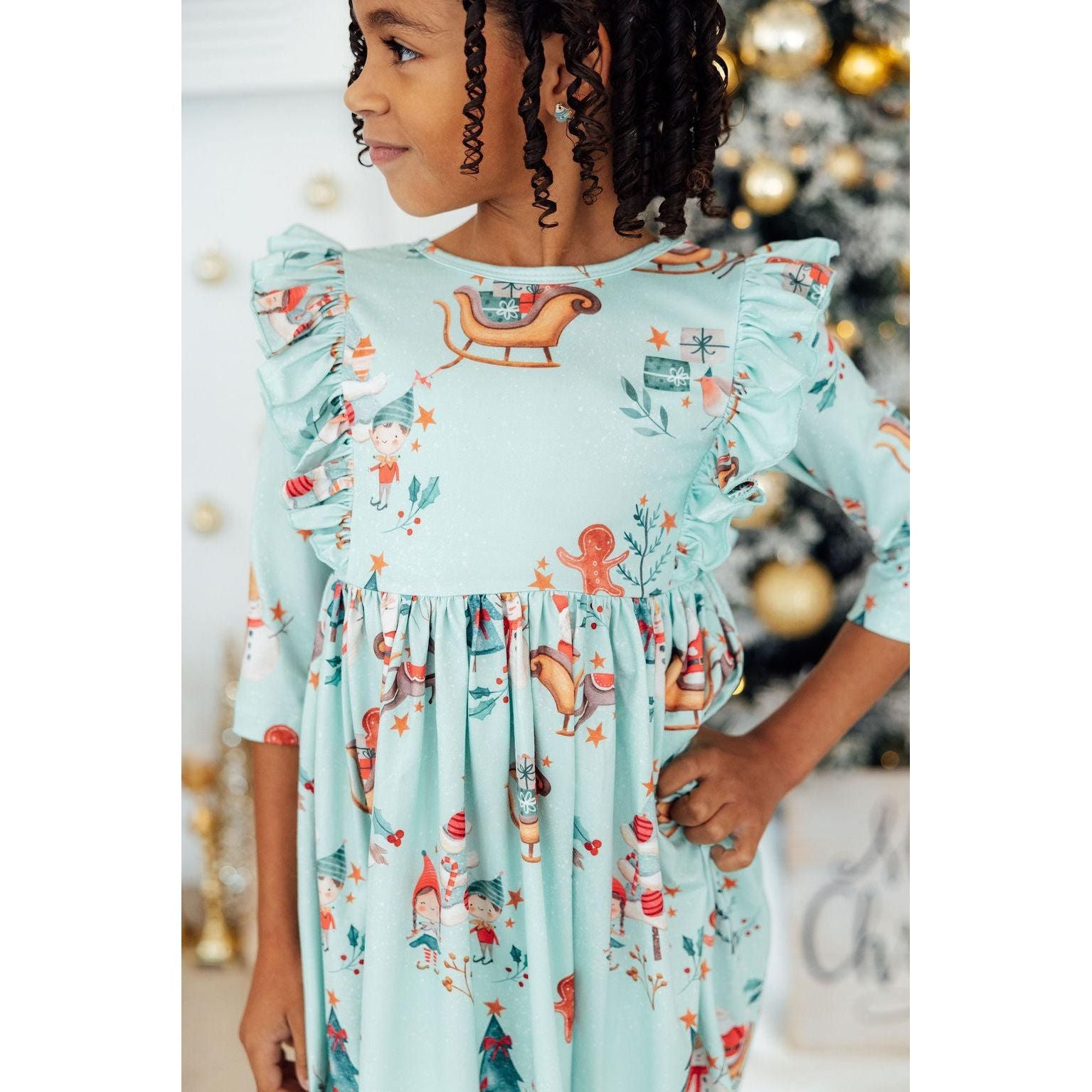 Believe in Your Elf 3/4 Sleeve Ruffle Twirl Dress