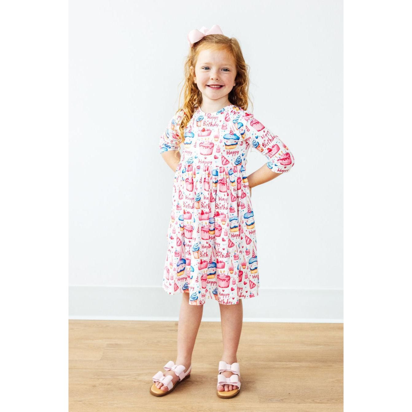 Birthday Girl 3/4 Sleeve Pocket Twirl Dress