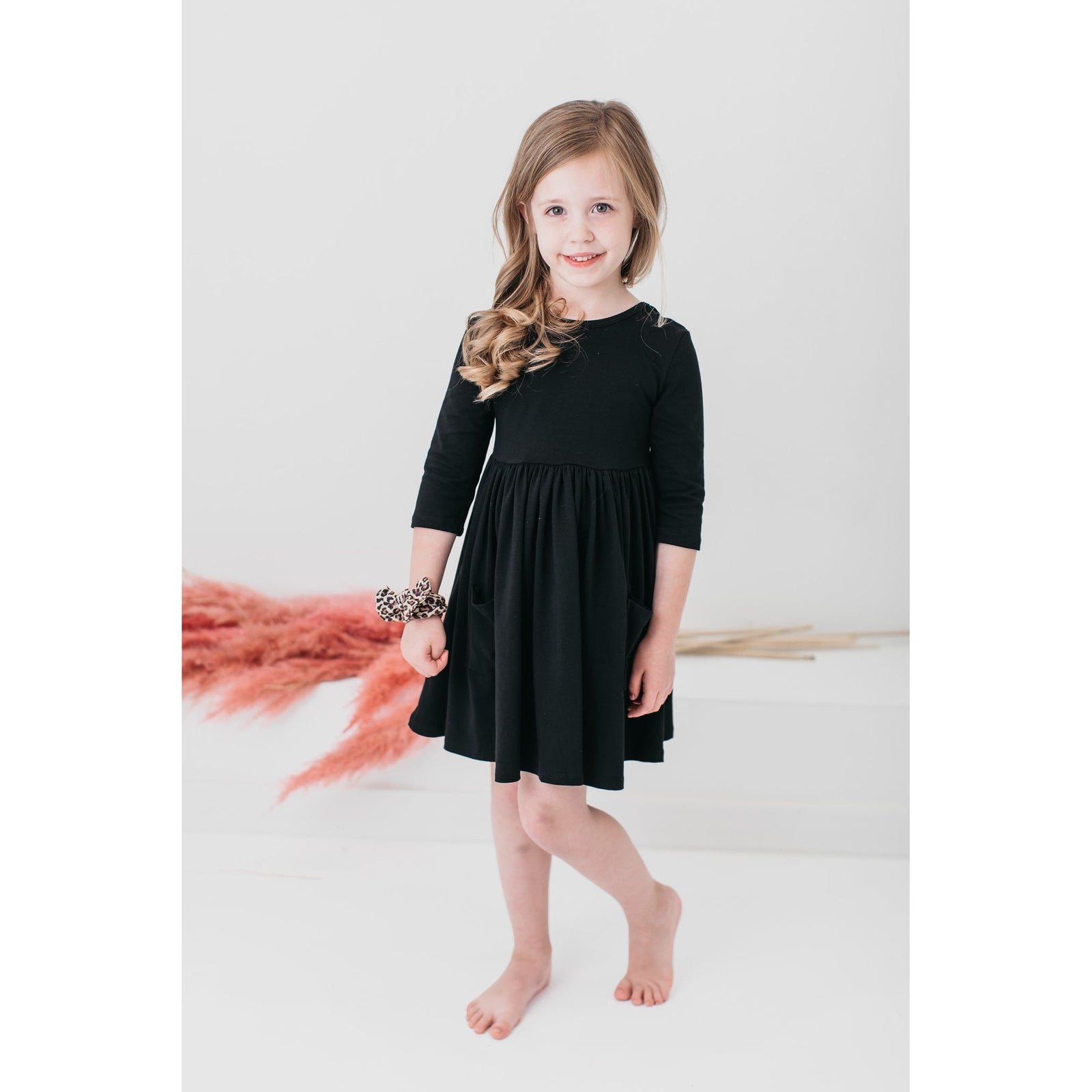 Black 3/4 Sleeve Pocket Twirl Dress