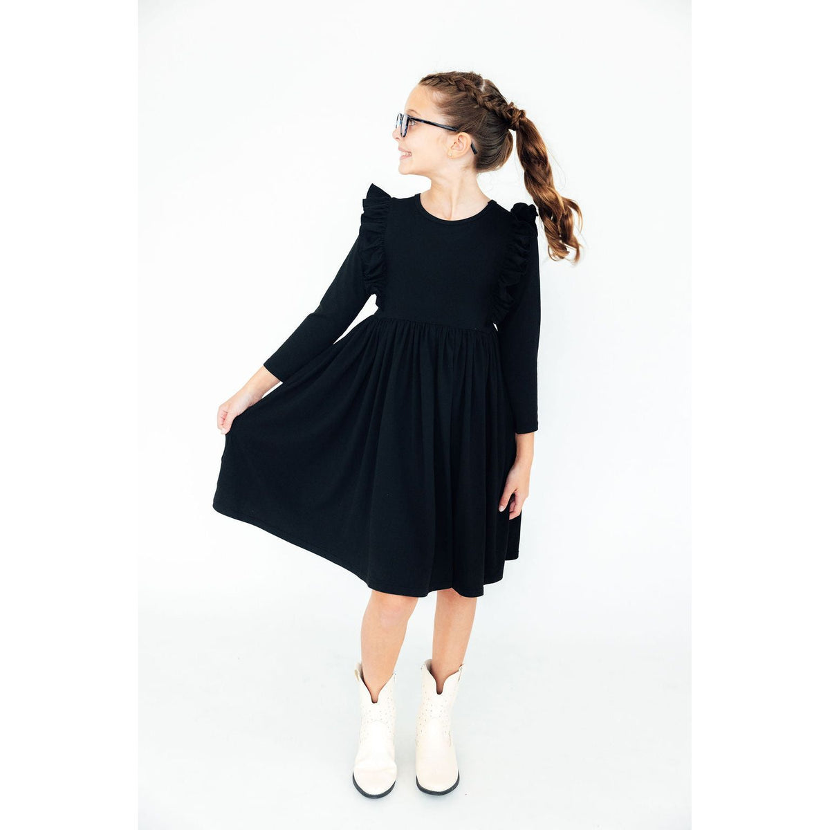 Black L/S Ruffle Twirl Dress