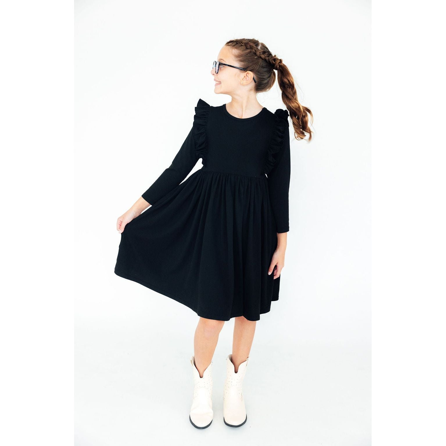 Black L/S Ruffle Twirl Dress