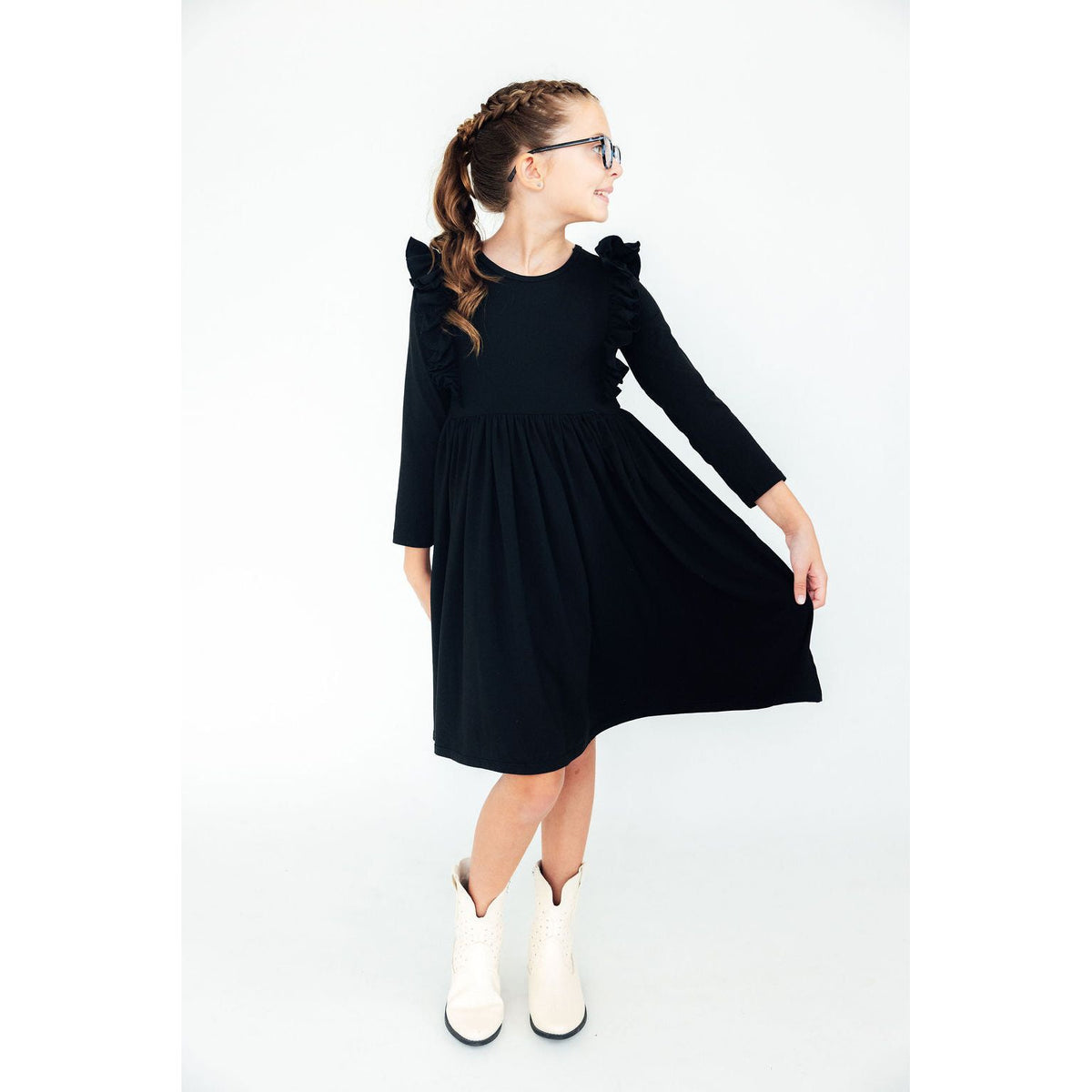Black L/S Ruffle Twirl Dress