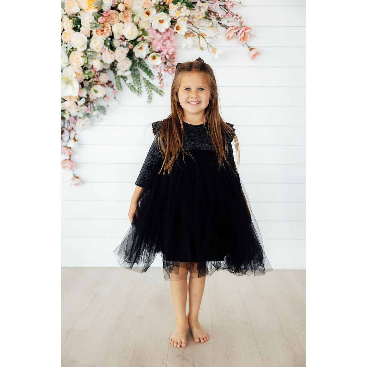 Black Shimmer 3/4 Sleeve Tutu Dress