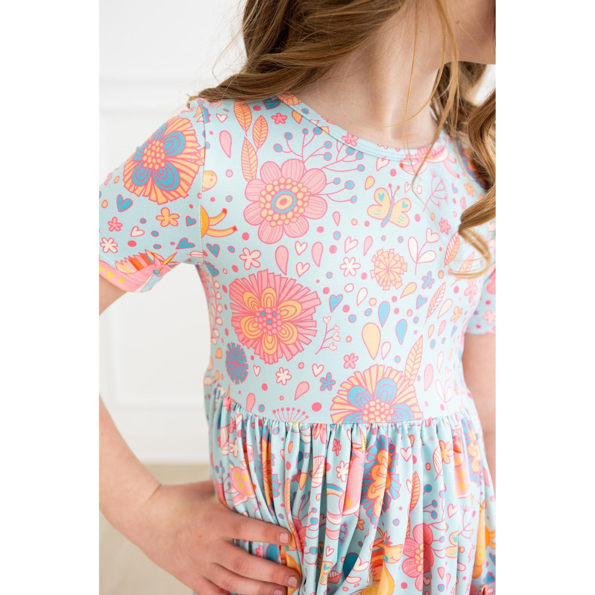 Blue Retro Unicorns S/S Pocket Twirl Dress