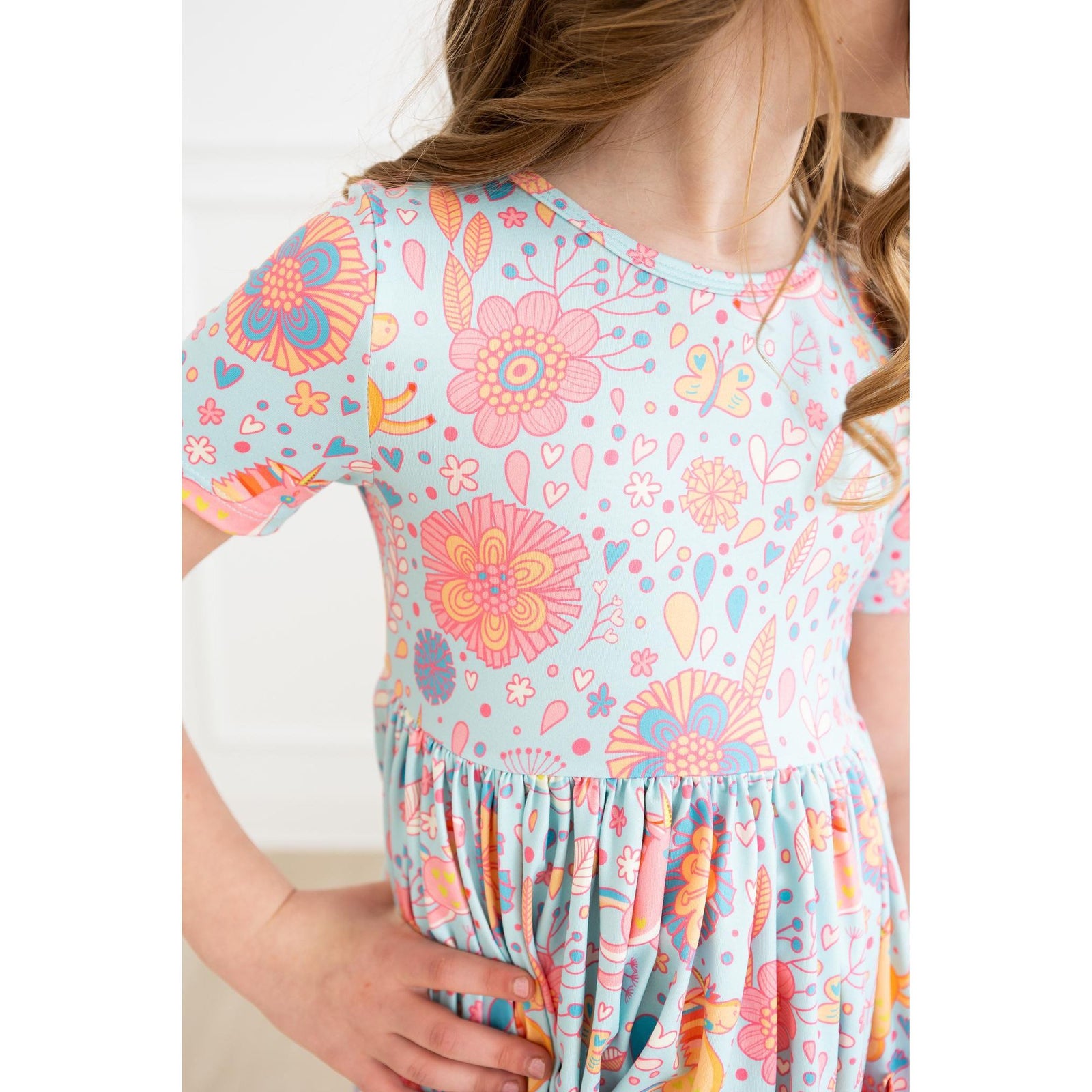 Blue Retro Unicorns S/S Pocket Twirl Dress
