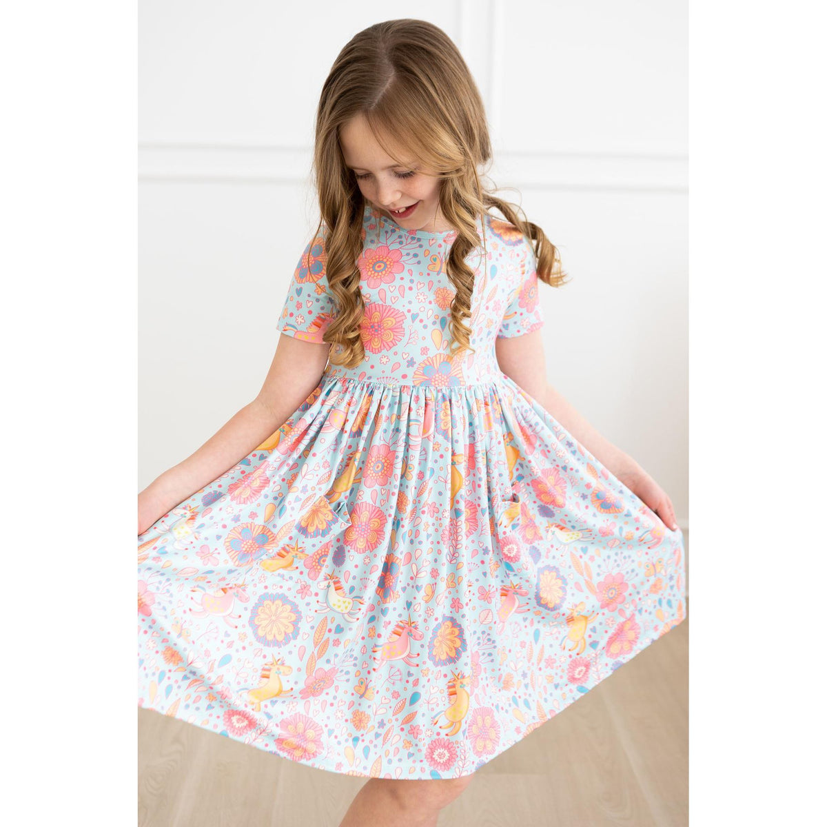Blue Retro Unicorns S/S Pocket Twirl Dress