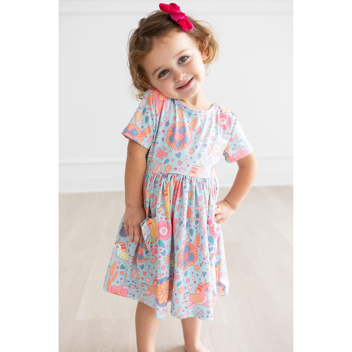 Blue Retro Unicorns S/S Pocket Twirl Dress