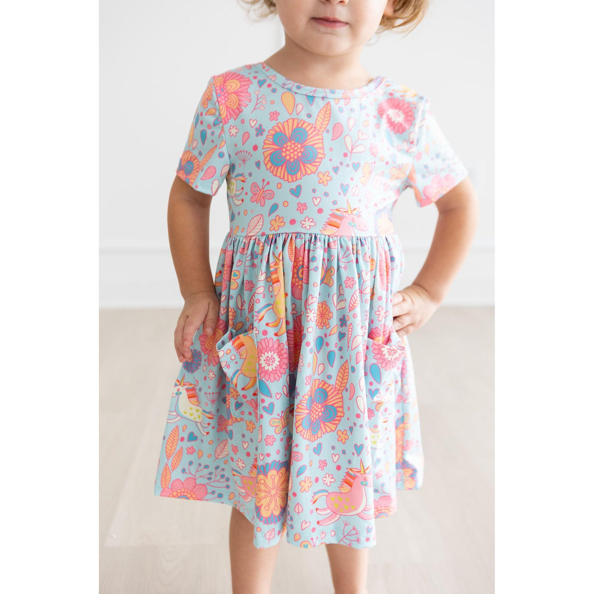 Blue Retro Unicorns S/S Pocket Twirl Dress