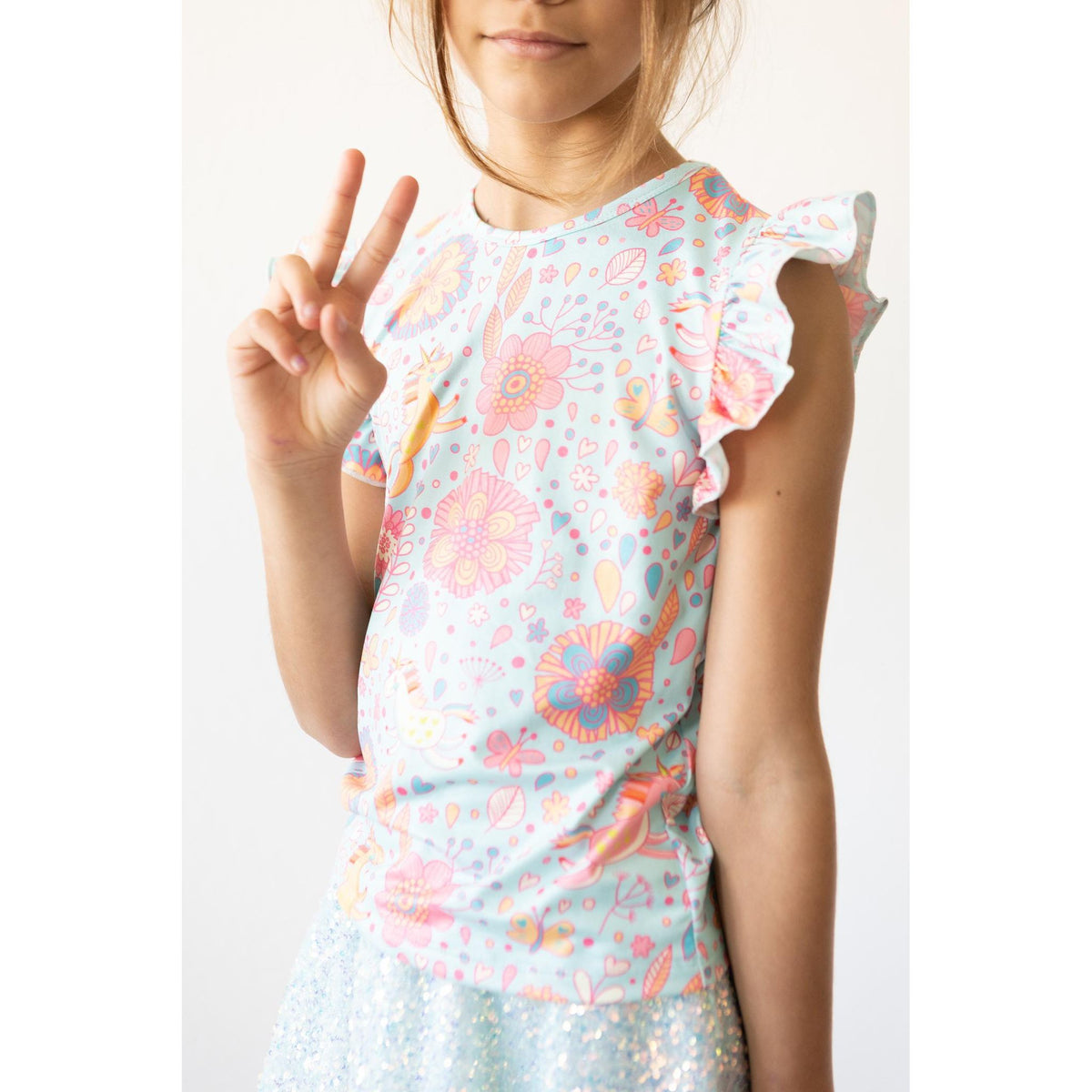 Blue Retro Unicorns S/S Ruffle Tee