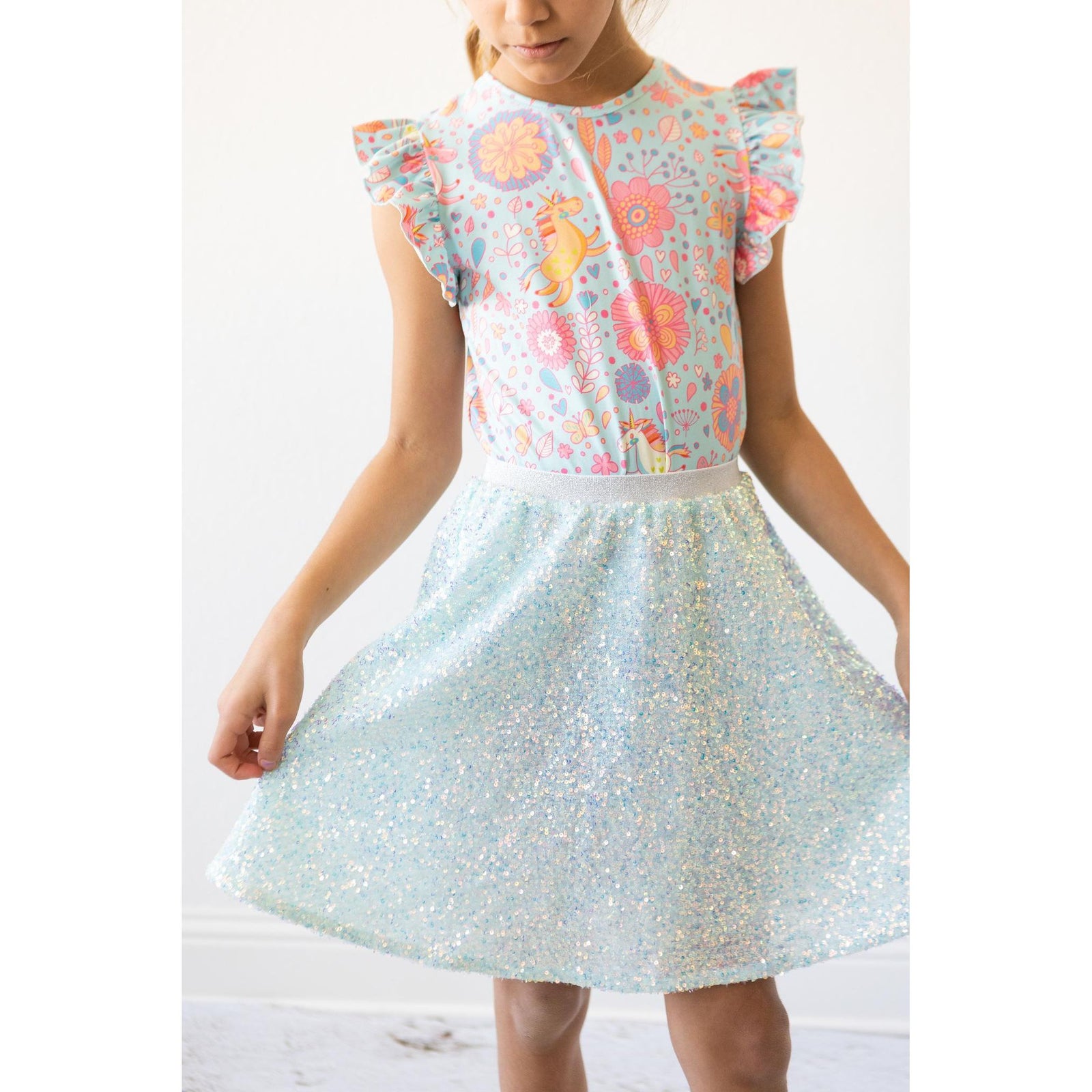 Blue Retro Unicorns S/S Ruffle Tee