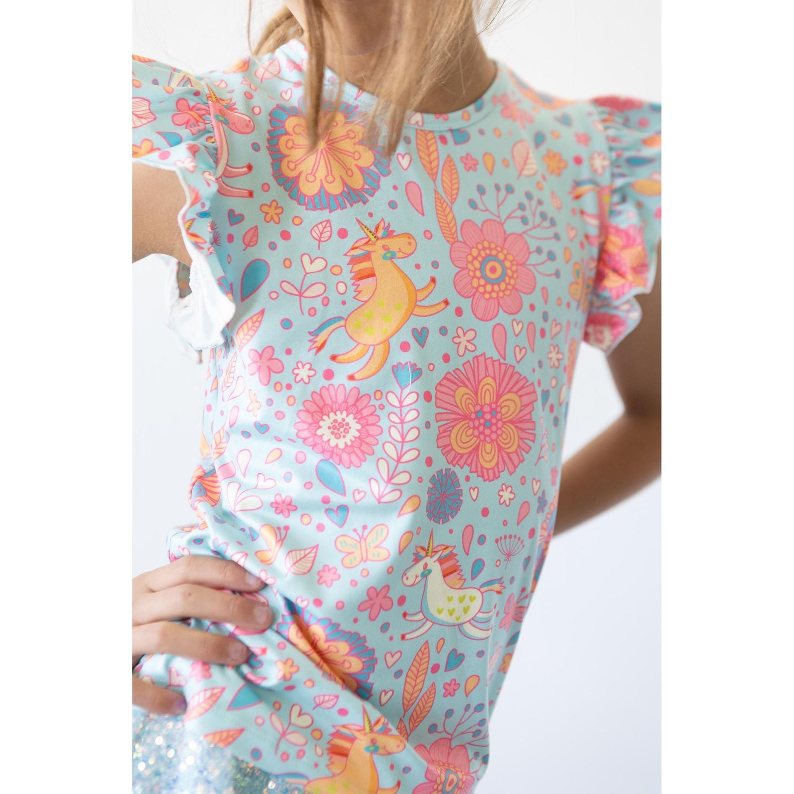 Blue Retro Unicorns S/S Ruffle Tee