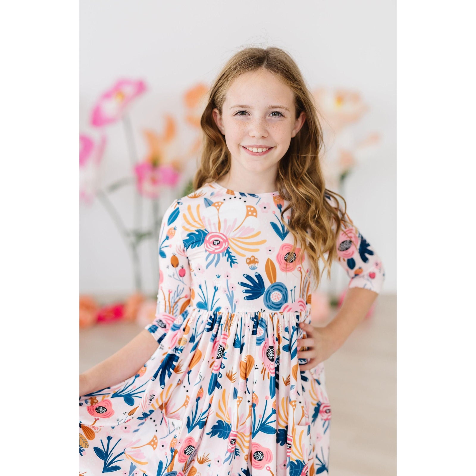 Blush Peony 3/4 Sleeve Pocket Twirl Dress