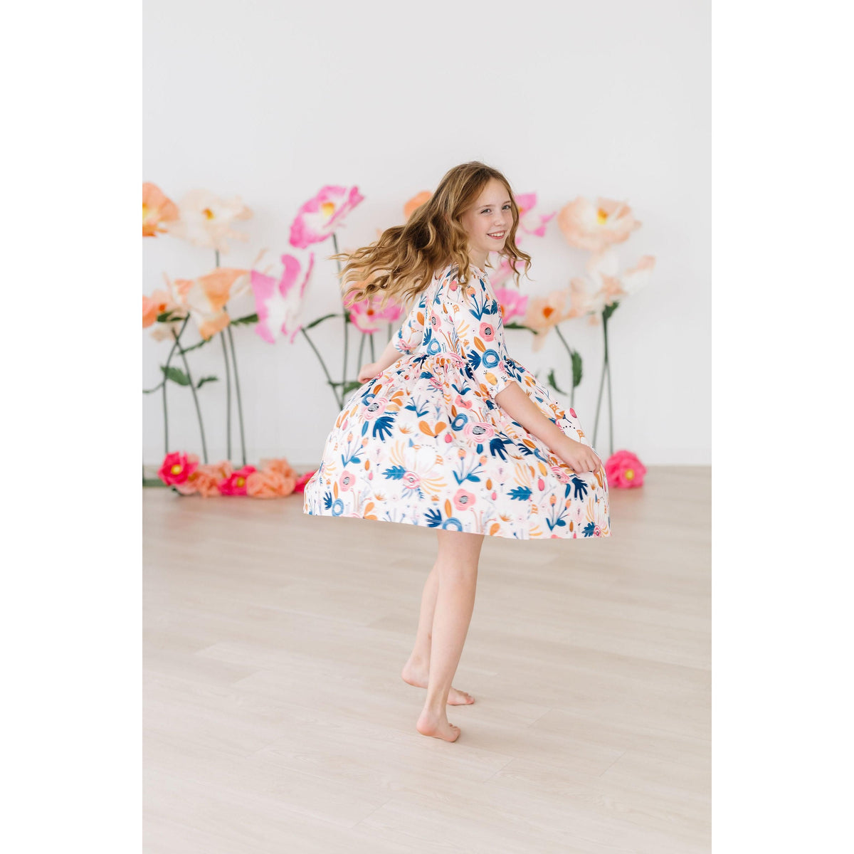 Blush Peony 3/4 Sleeve Pocket Twirl Dress