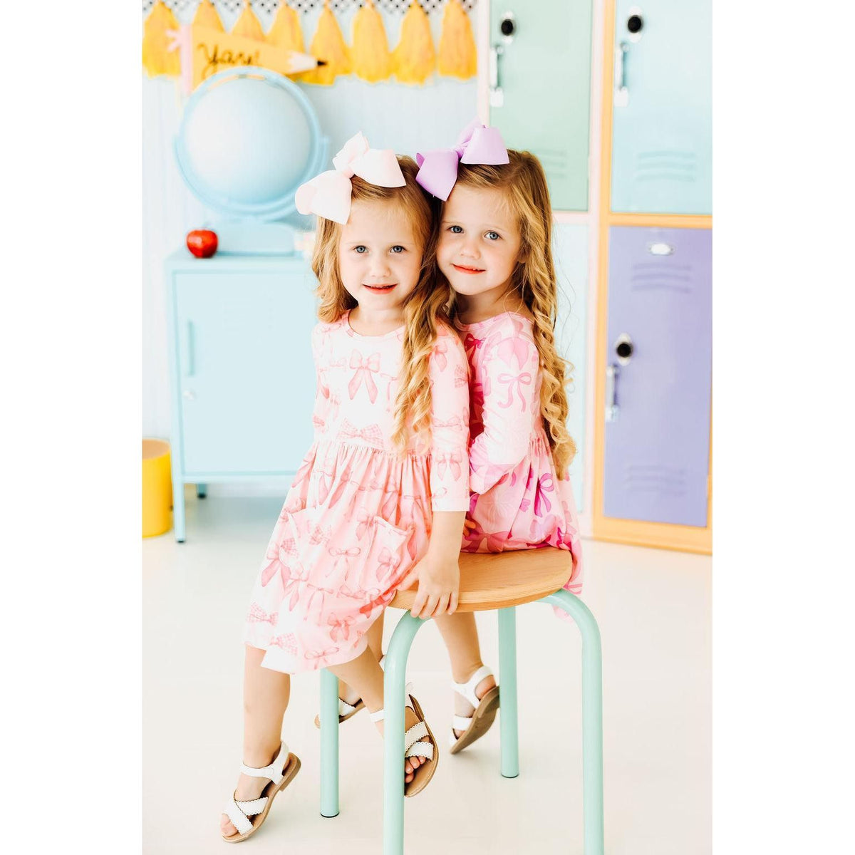Blushing Bows 3/4 Sleeve Pocket Twirl Dress