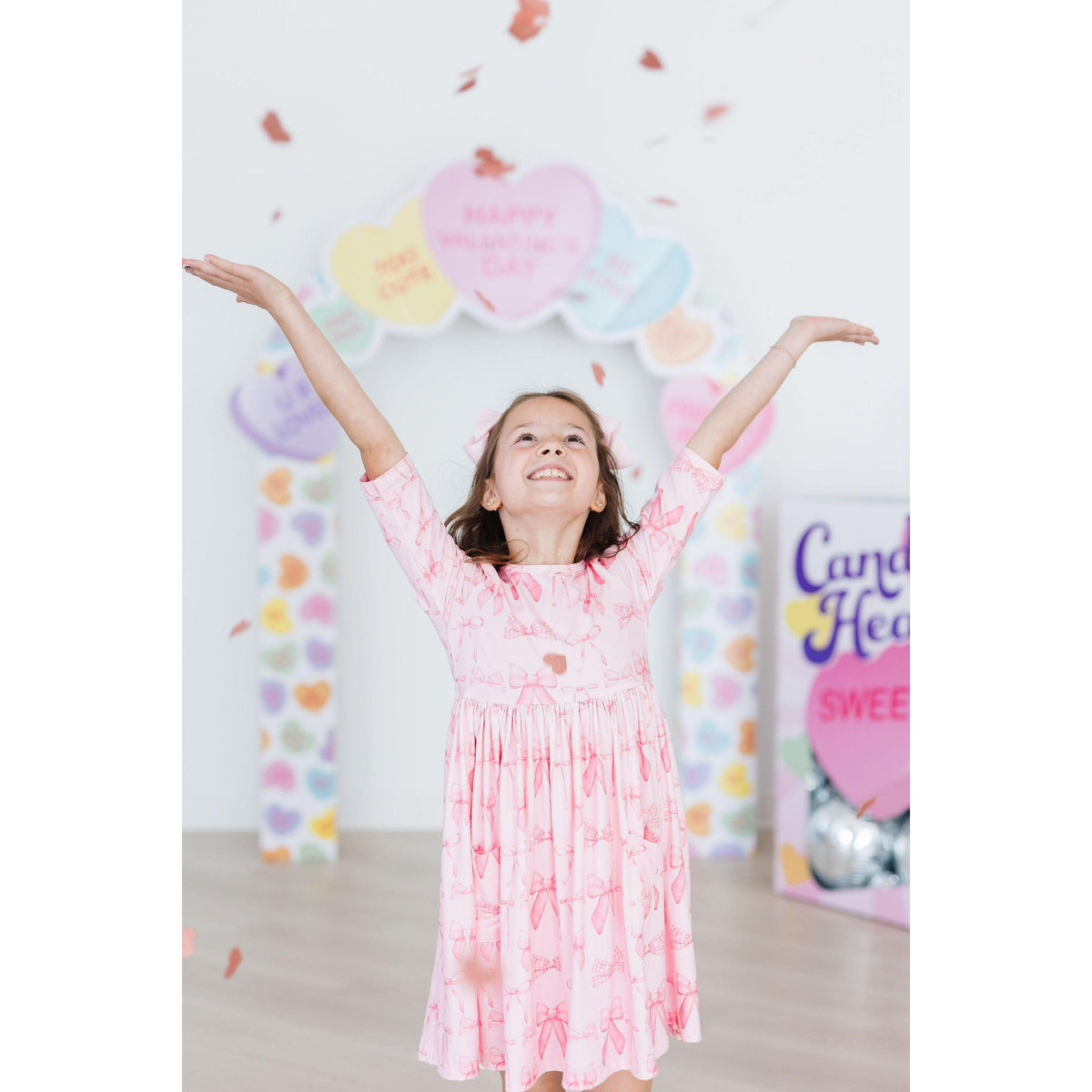 Blushing Bows 3/4 Sleeve Pocket Twirl Dress