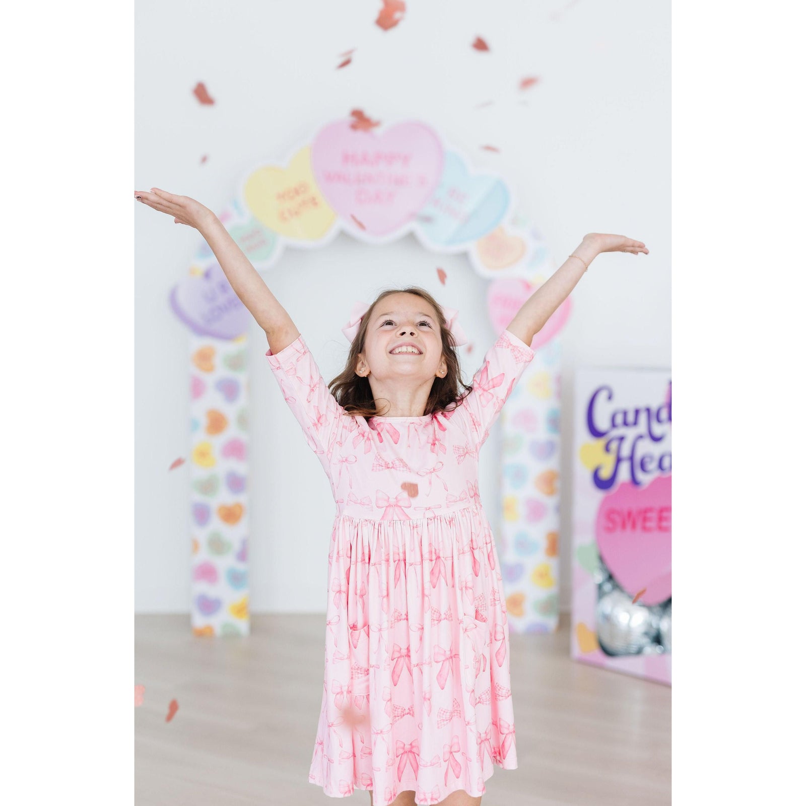 Blushing Bows 3/4 Sleeve Pocket Twirl Dress