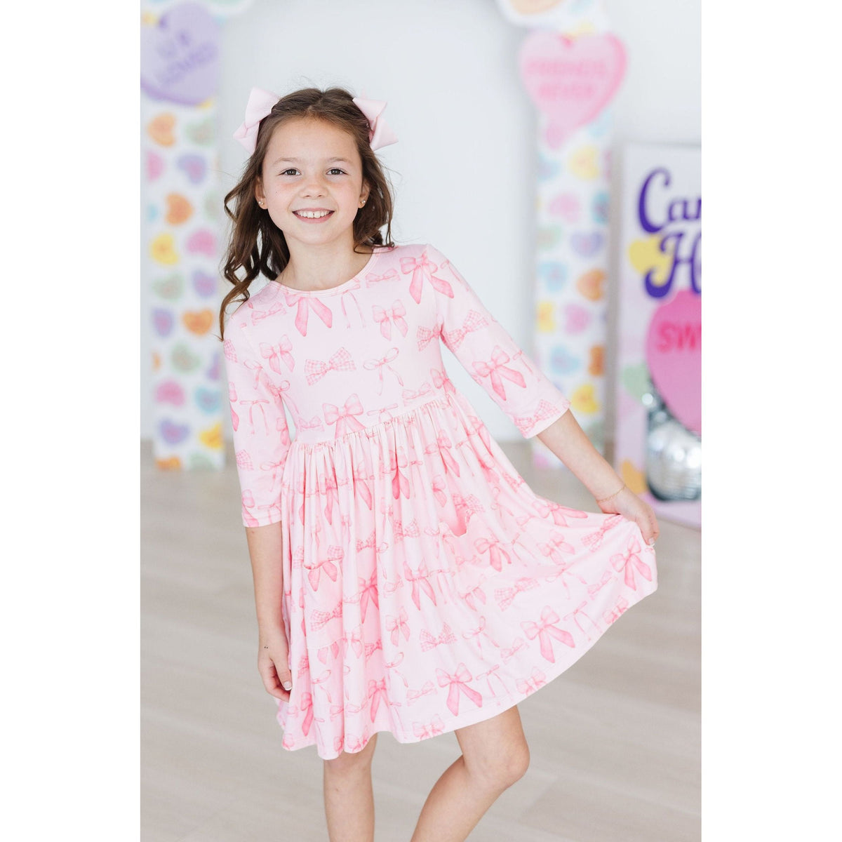 Blushing Bows 3/4 Sleeve Pocket Twirl Dress