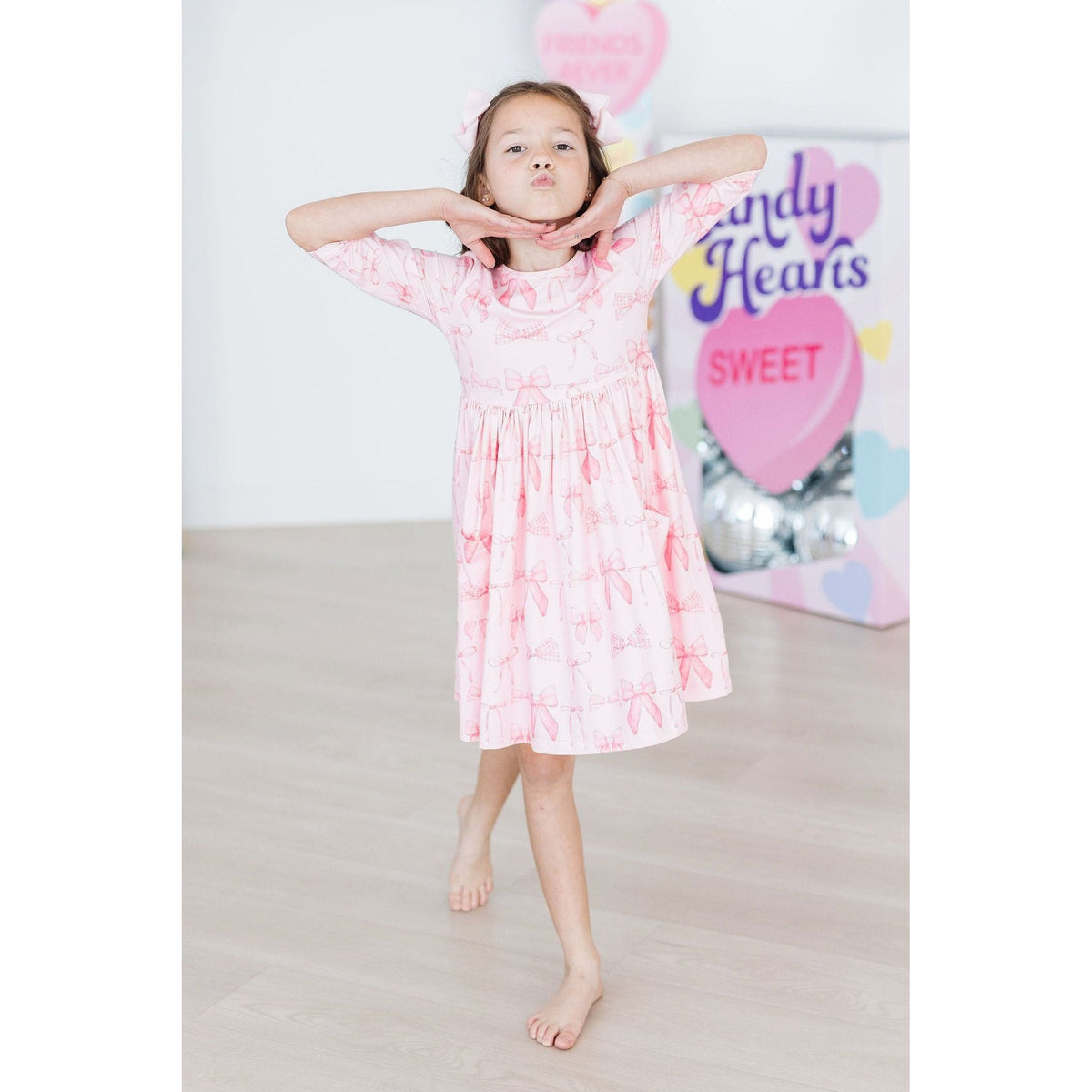 Blushing Bows 3/4 Sleeve Pocket Twirl Dress
