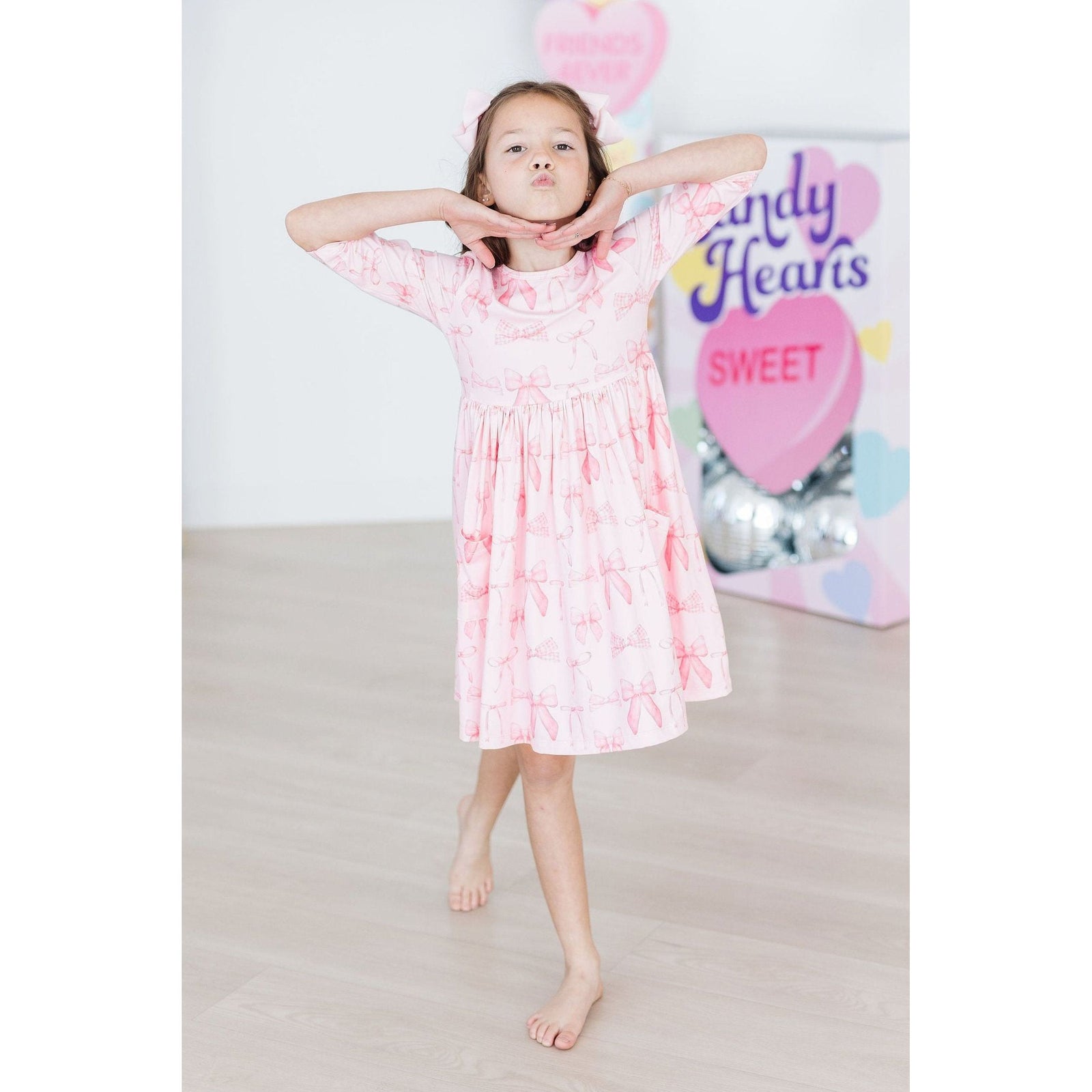 Blushing Bows 3/4 Sleeve Pocket Twirl Dress