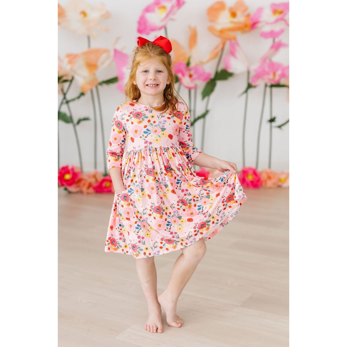 Bouquet Beauty 3/4 Sleeve Pocket Twirl Dress
