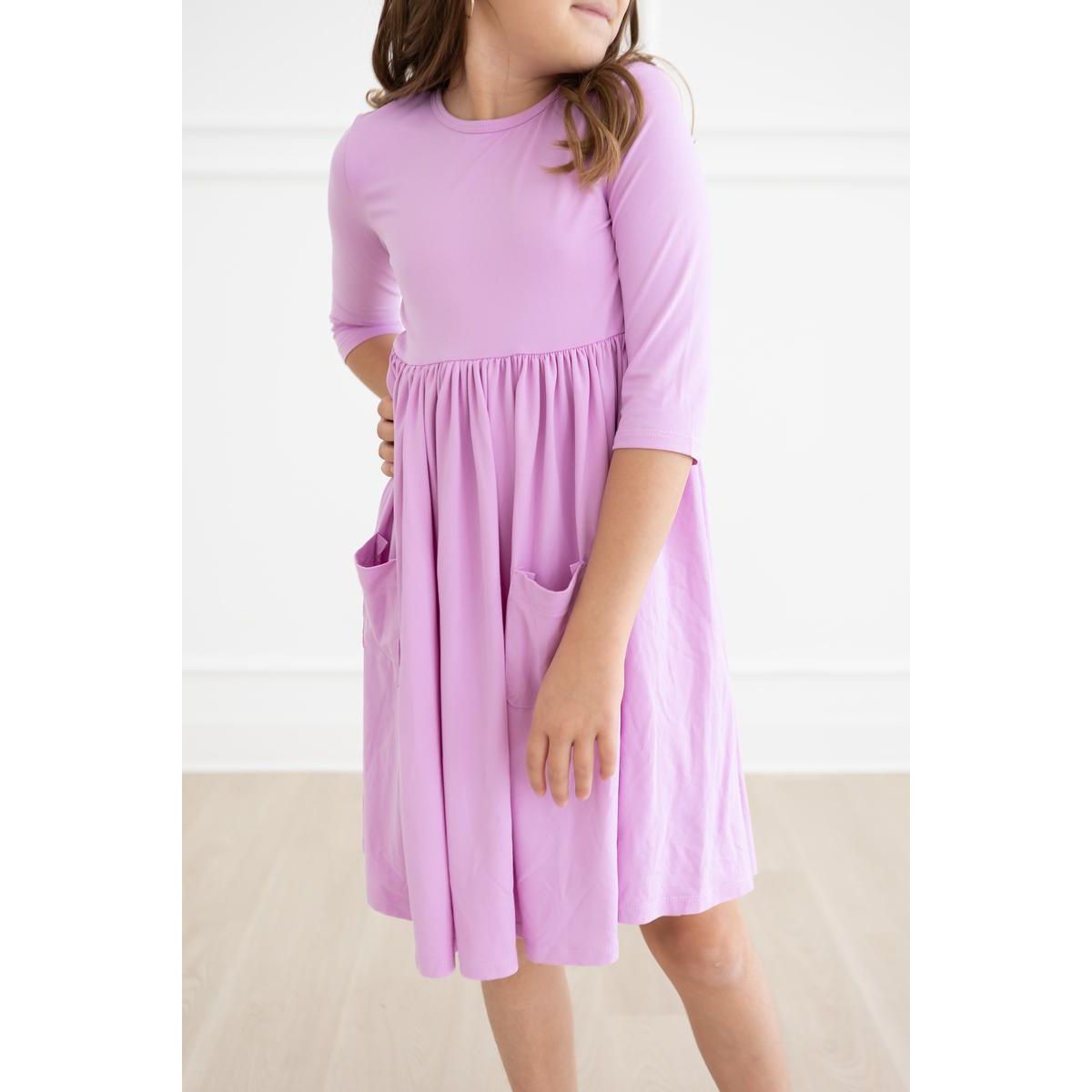 Bright Lilac 3/4 Sleeve Pocket Twirl Dress