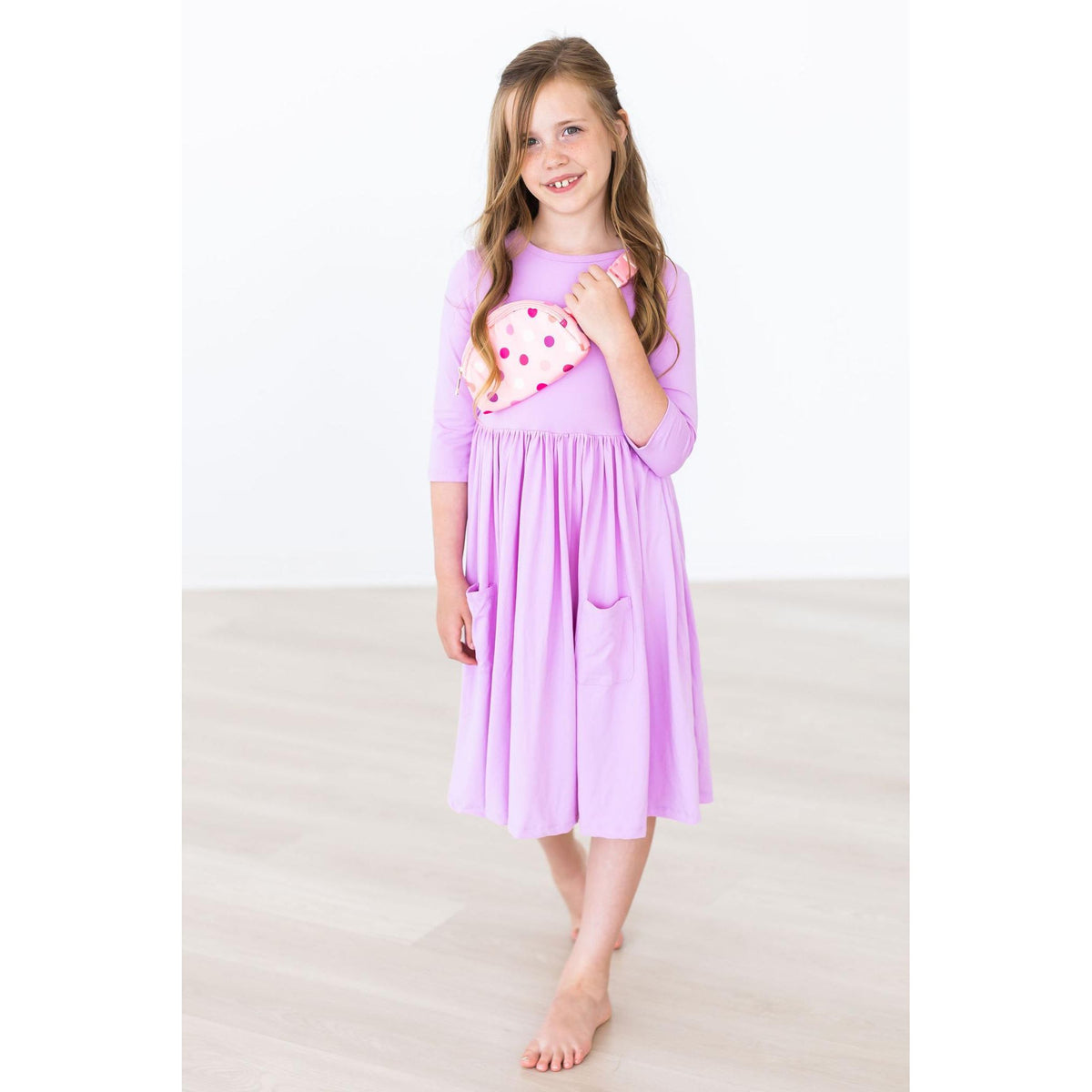 Bright Lilac 3/4 Sleeve Pocket Twirl Dress