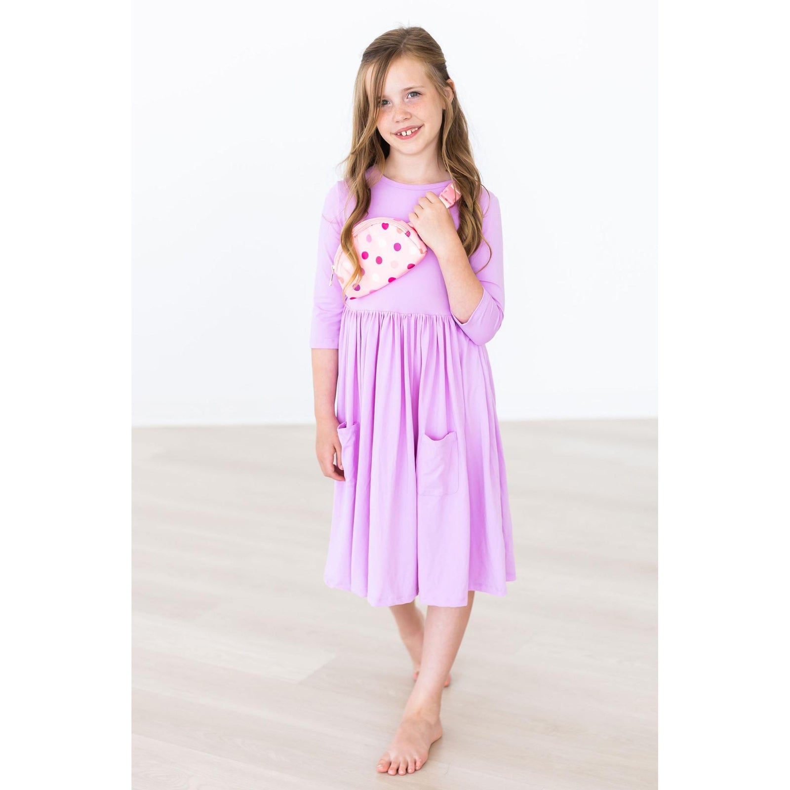 Bright Lilac 3/4 Sleeve Pocket Twirl Dress