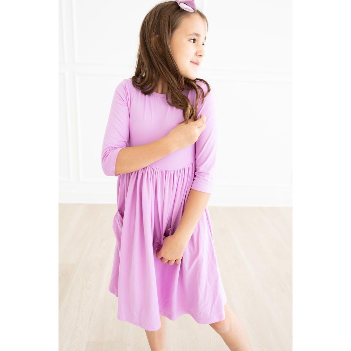 Bright Lilac 3/4 Sleeve Pocket Twirl Dress