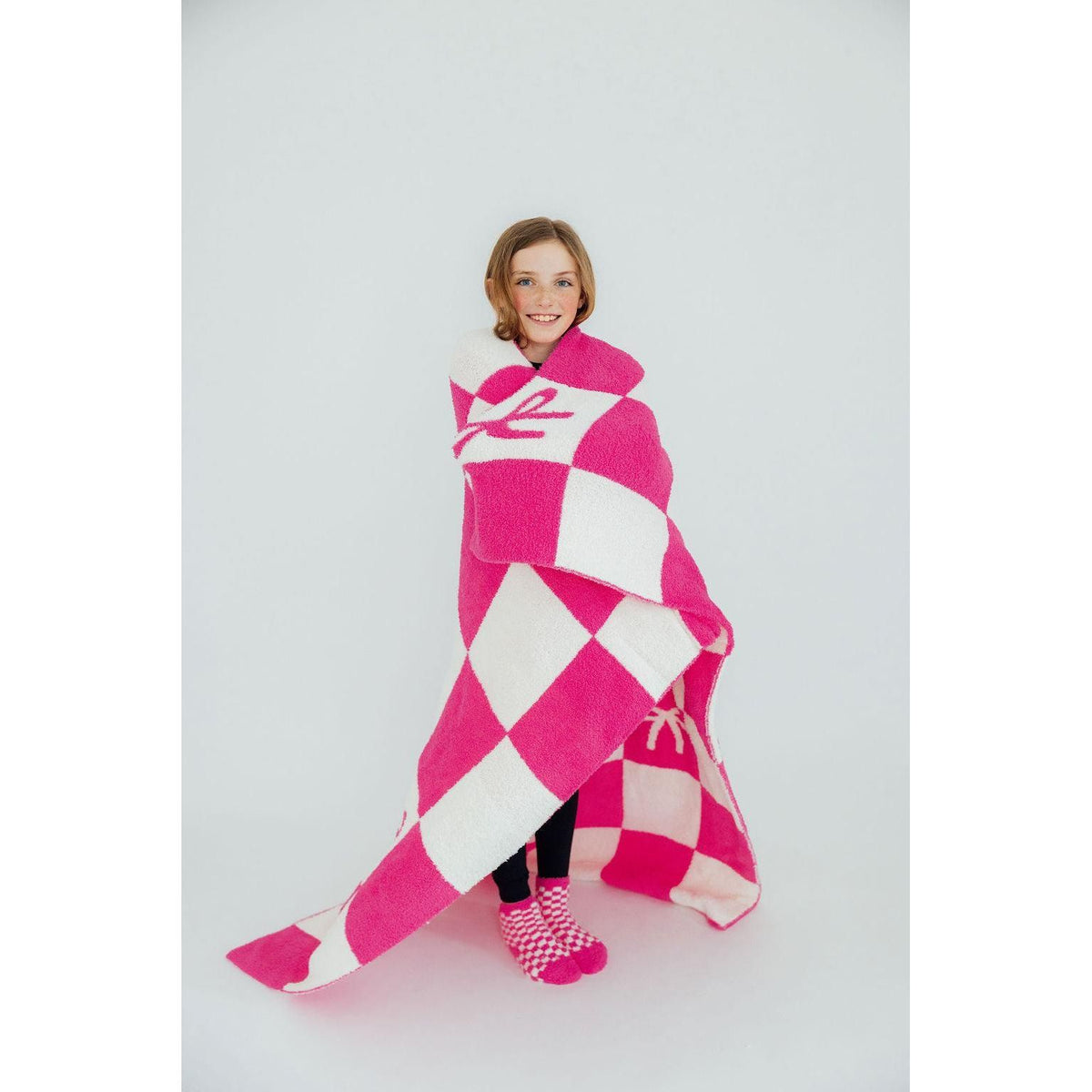 Bright Pink Checker Bow Cozy Blanket