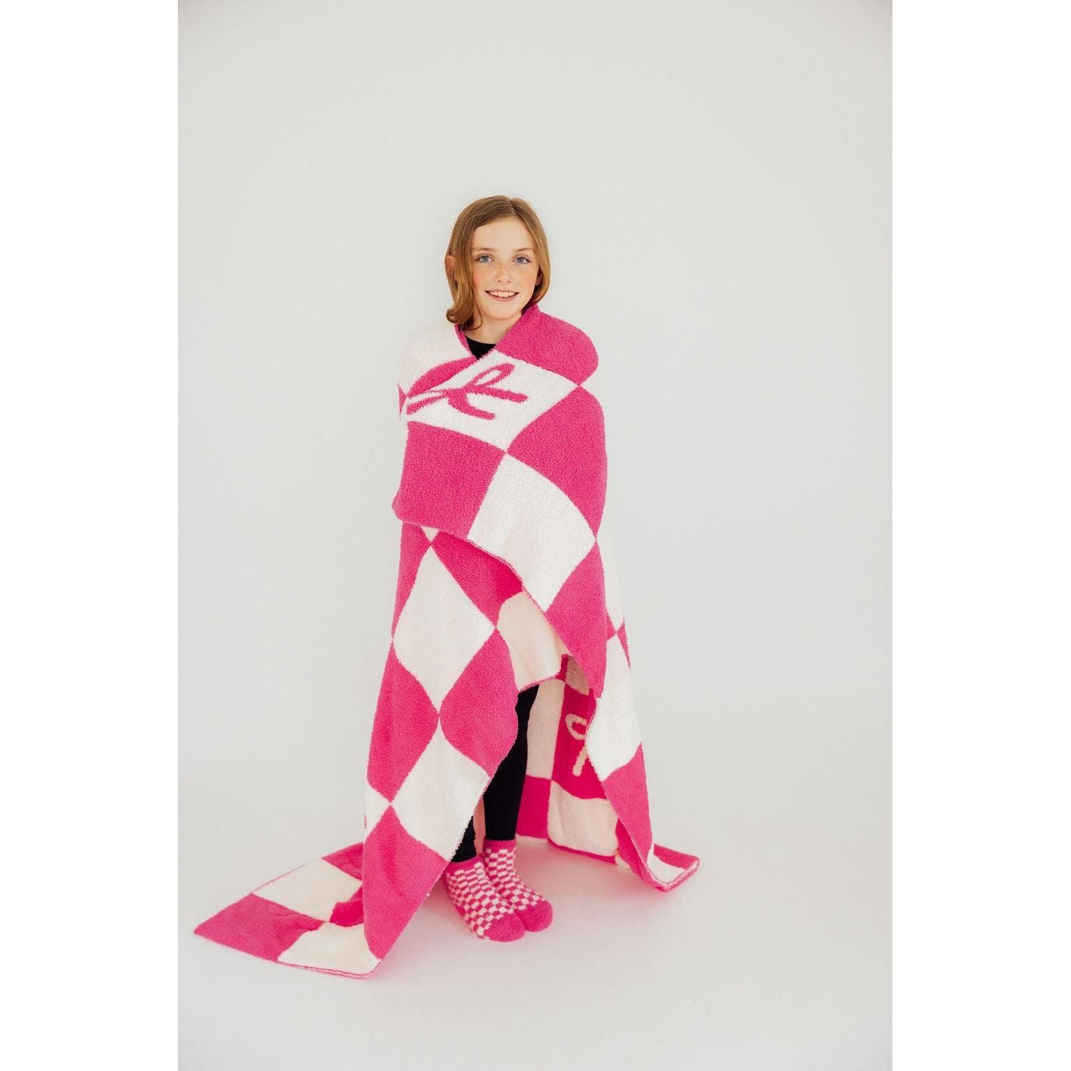 Bright Pink Checker Bow Cozy Blanket