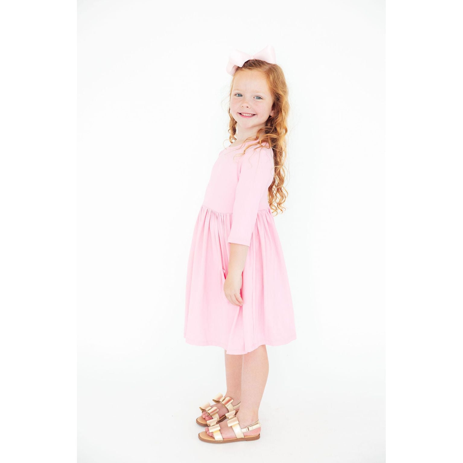 Bubblegum Pink 3/4 Sleeve Pocket Twirl Dress